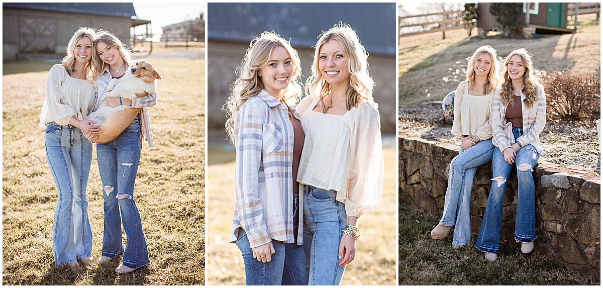 three photos of sisters standing in front of barn during their winter family photo session
