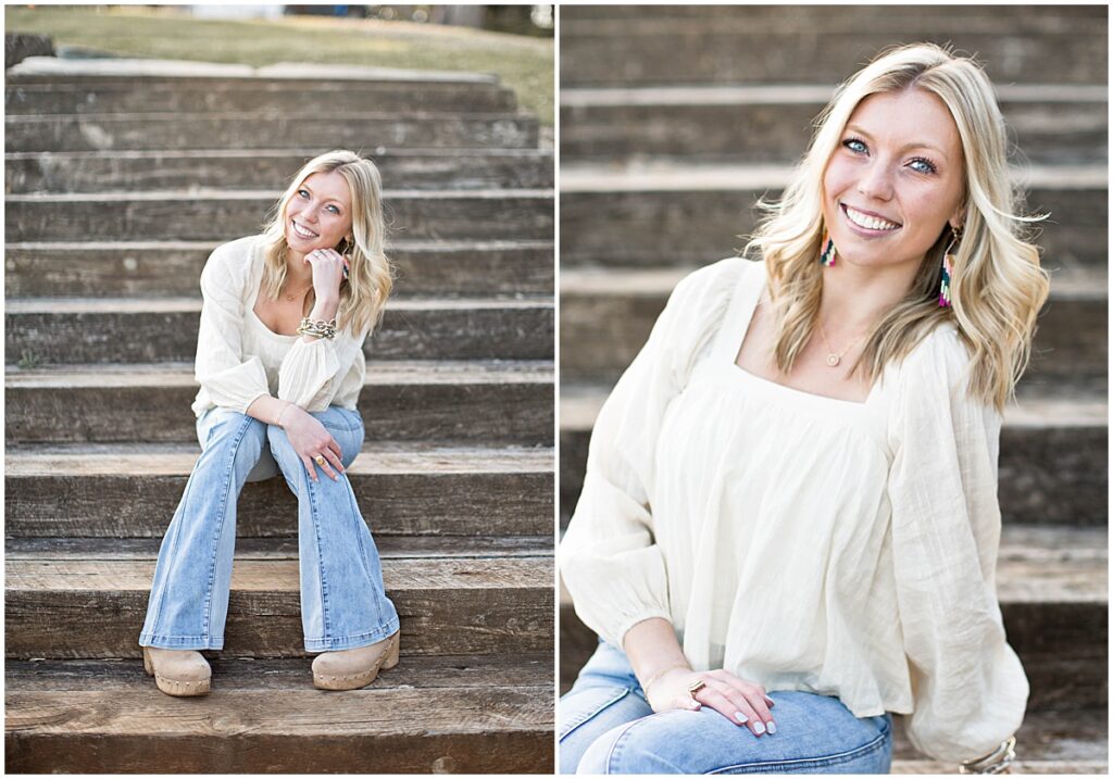 college-age girl sitting on steps during her winter family photo session