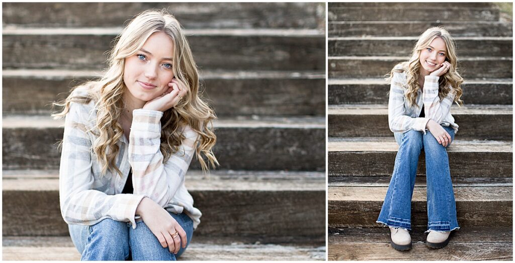 teenage girl sitting on steps during her winter family photo session